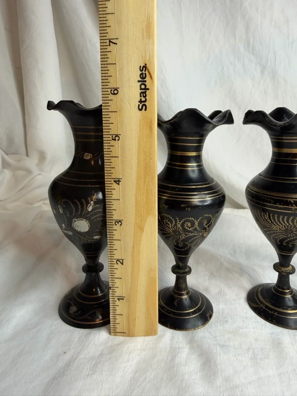Vintage Hand-Etched Brass Bud Vases - Set of 3